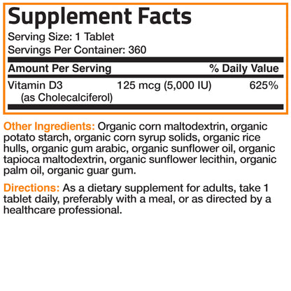 Bronson Vitamin D3 5,000 IU Organic High Potency Non-GMO | 360 Tablets