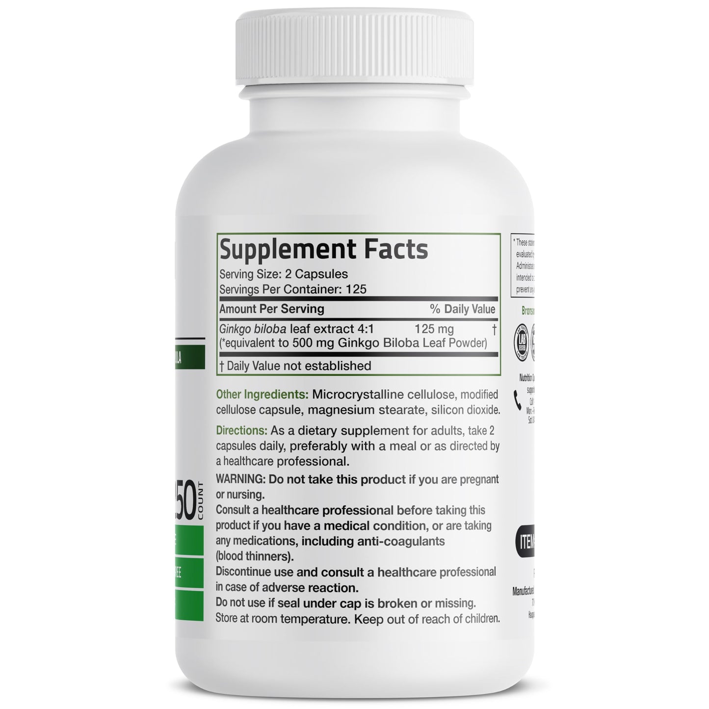 Bronson Ginkgo Biloba Extra Strength Supports Brain Function & Memory Support, 250 Vegetarian Capsules