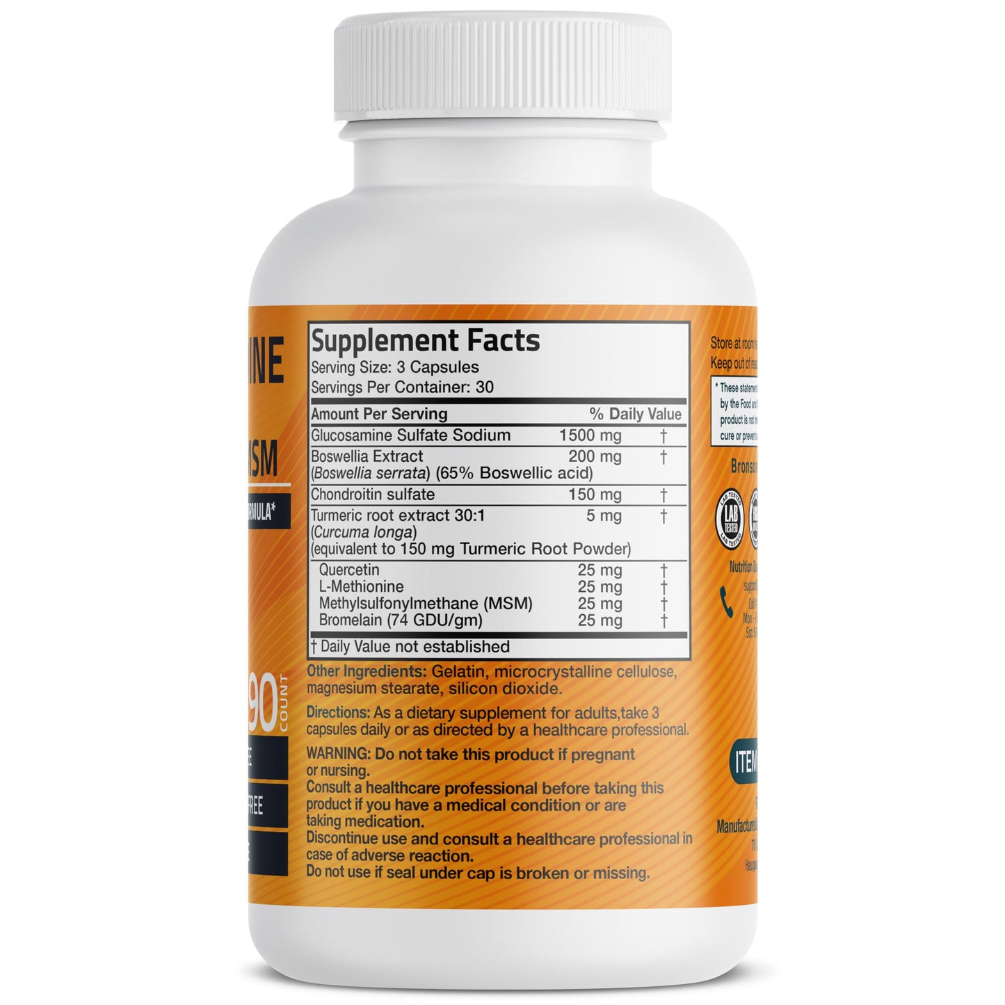 Bronson Glucosamine Chondroitin Turmeric & MSM – Advanced Joint & Cartilage Formula, Non-GMO, 90 Capsules