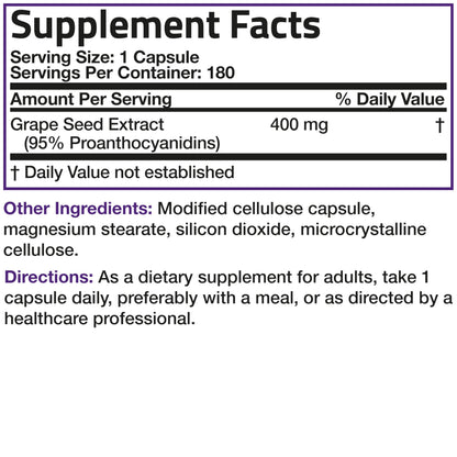 Bronson Grape Seed Extract 400 mg – Antioxidant & Immune Support | 95% Proanthocyanidins | Non-GMO, 180 Vegetarian Capsules