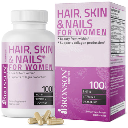Bronson Hair, Skin & Nails with Biotin Extra Strength – Women’s Vitamin Supplement, 100 Capsules
