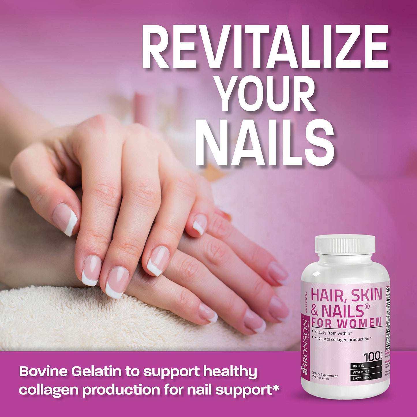 Bronson Hair, Skin & Nails with Biotin Extra Strength – Women’s Vitamin Supplement, 100 Capsules