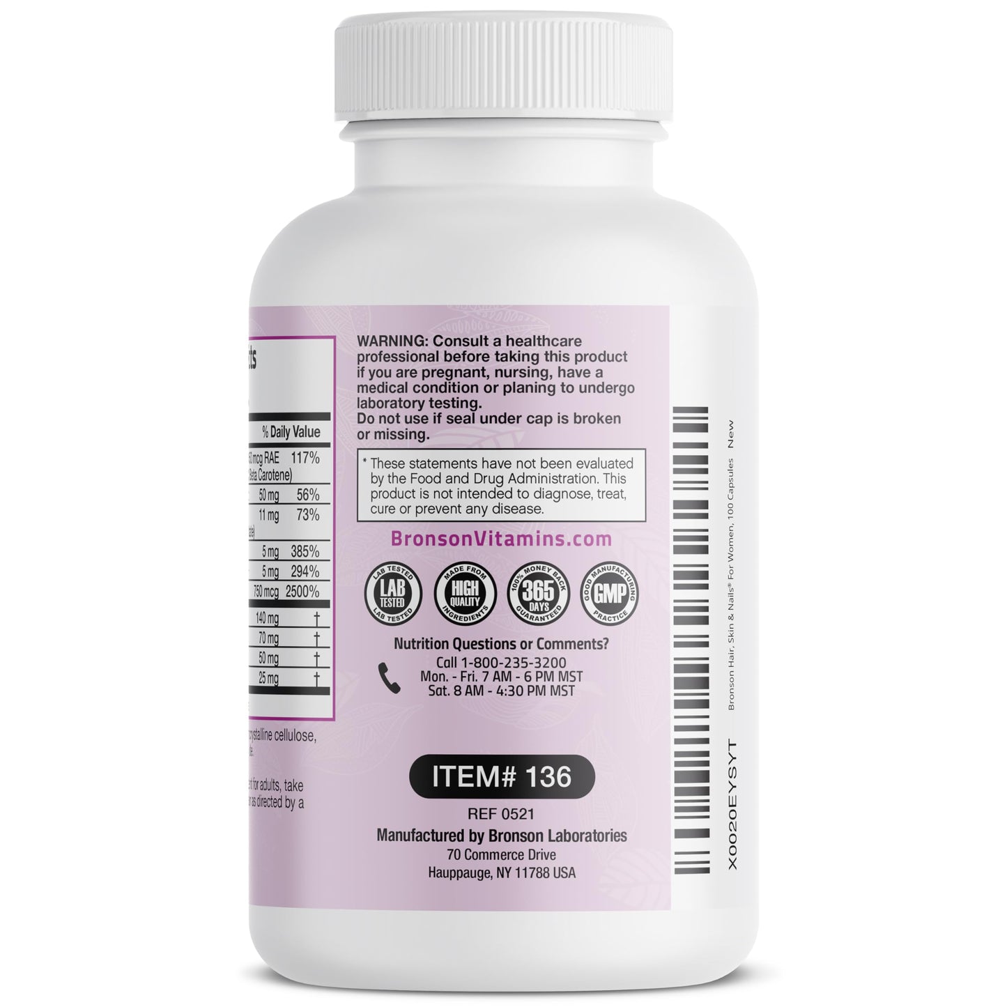 Bronson Hair, Skin & Nails with Biotin Extra Strength – Women’s Vitamin Supplement, 100 Capsules