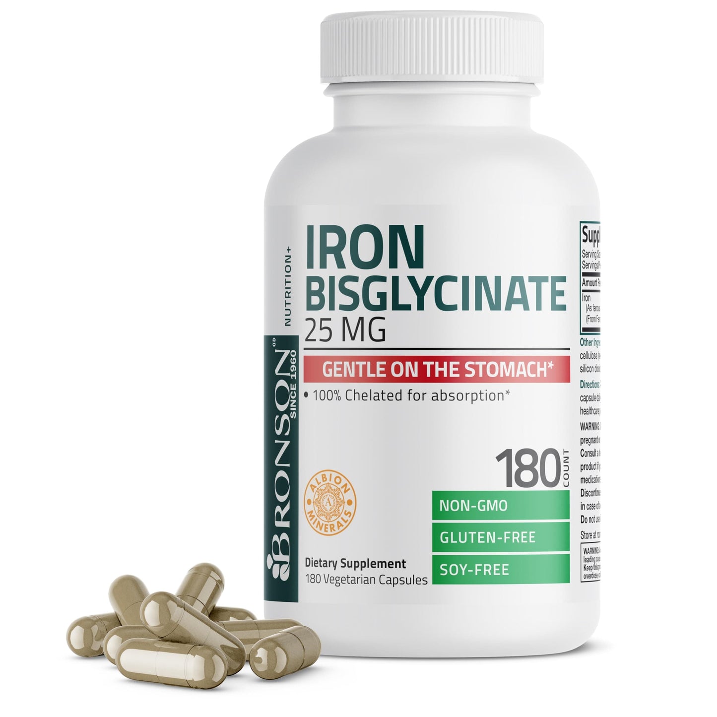 Bronson Iron Bisglycinate 25 mg – Gentle on the Stomach, Non-Constipating • 180 Vegetarian Capsules