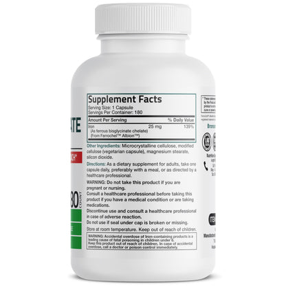Bronson Iron Bisglycinate 25 mg – Gentle on the Stomach, Non-Constipating • 180 Vegetarian Capsules