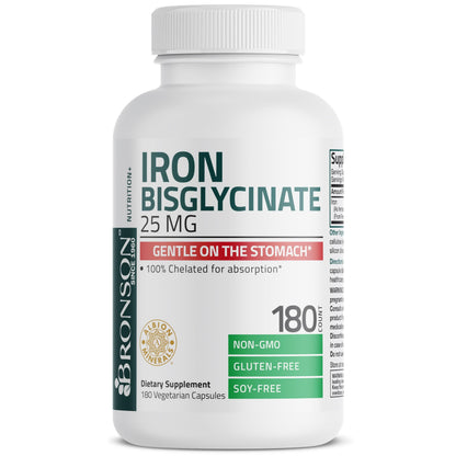 Bronson Iron Bisglycinate 25 mg – Gentle on the Stomach, Non-Constipating • 180 Vegetarian Capsules