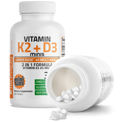 Bronson Vitamin K2 MK-7 with D3 Minis – 45 mcg K2, 1000 IU D3, 360 Mini Tablets