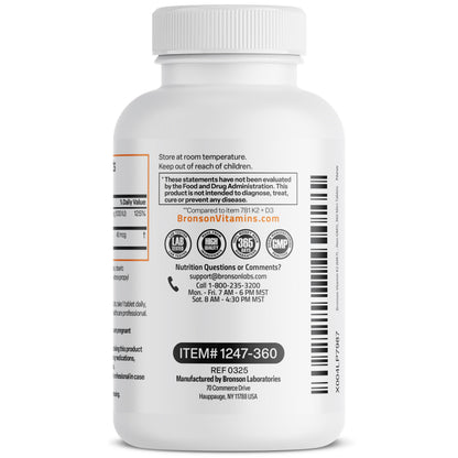 Bronson Vitamin K2 MK-7 with D3 Minis – 45 mcg K2, 1000 IU D3, 360 Mini Tablets