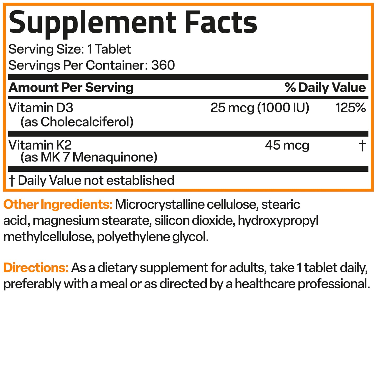 Bronson Vitamin K2 MK-7 with D3 Minis – 45 mcg K2, 1000 IU D3, 360 Mini Tablets