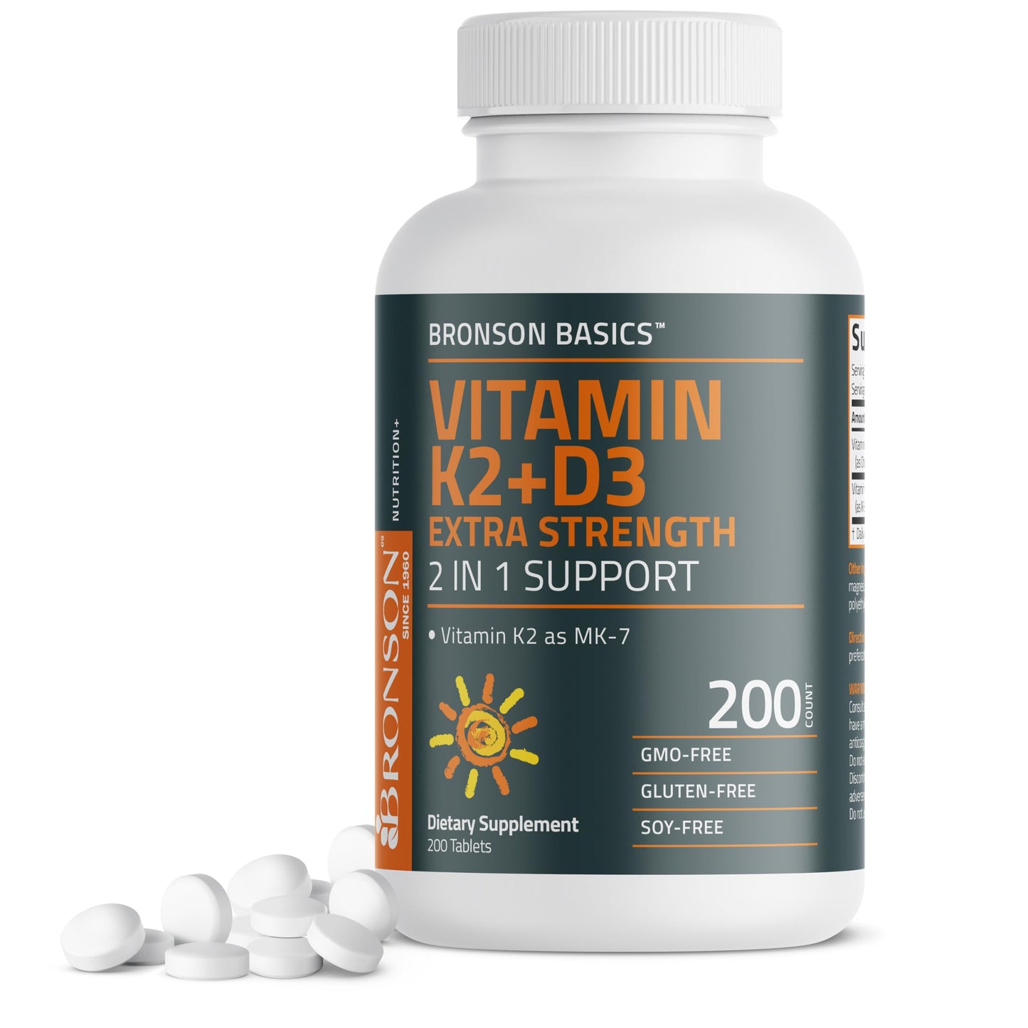 Bronson Vitamin K2 (MK-7) with D3 Extra Strength 2-in-1 – 10,000 IU D3 & 120 mcg K2 MK-7 | 200 Tablets