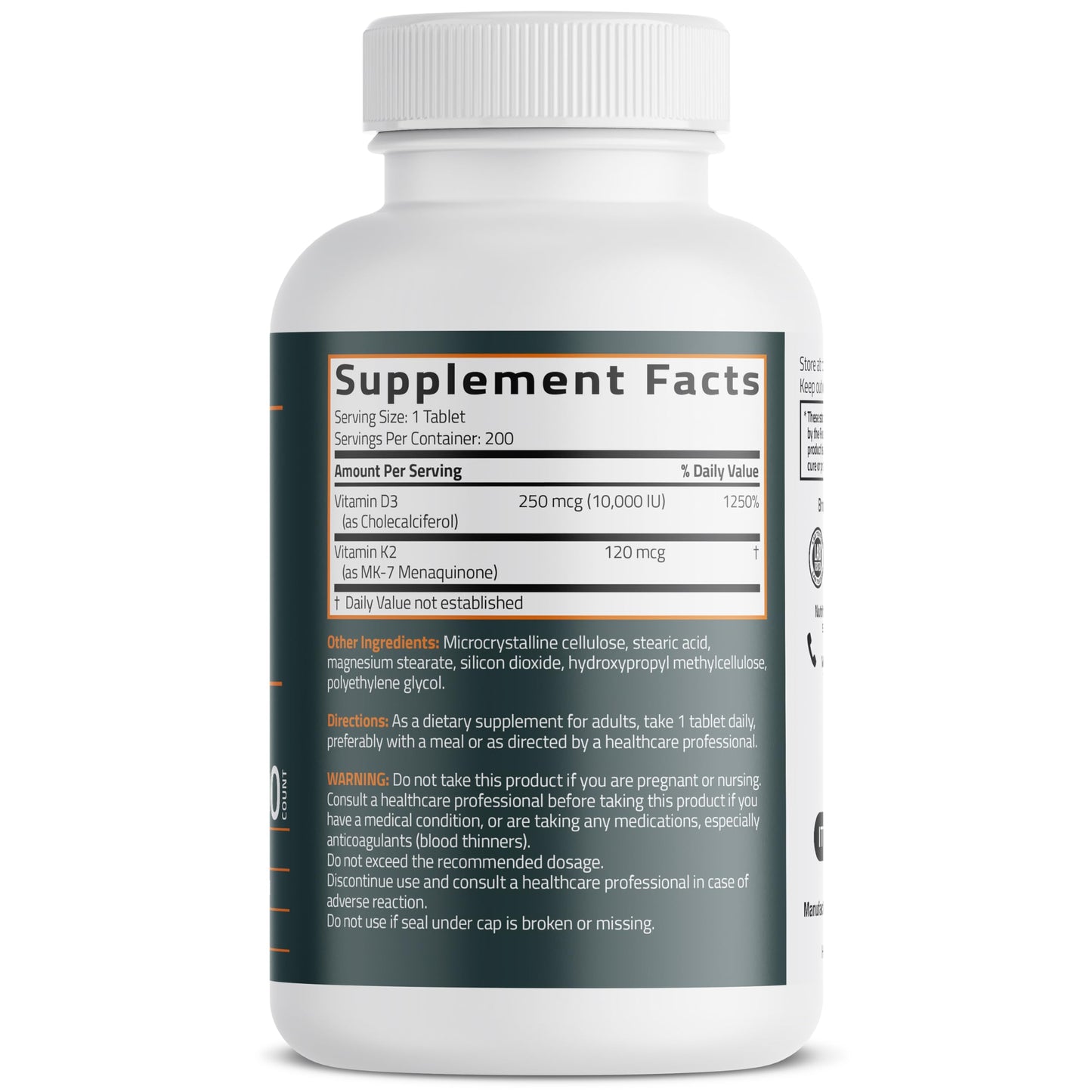 Bronson Vitamin K2 (MK-7) with D3 Extra Strength 2-in-1 – 10,000 IU D3 & 120 mcg K2 MK-7 | 200 Tablets
