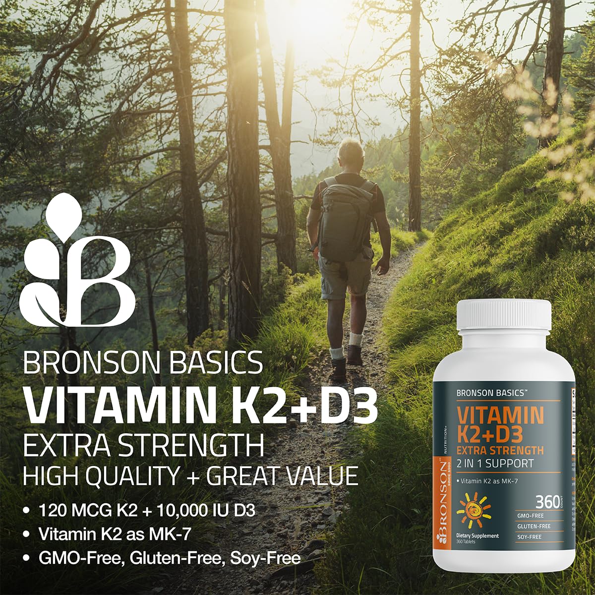 Bronson Vitamin K2 (MK-7) with D3 Extra Strength 2-in-1 – 10,000 IU D3 & 120 mcg K2 MK-7 | 200 Tablets