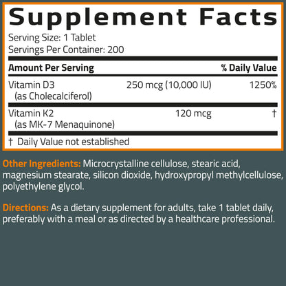Bronson Vitamin K2 (MK-7) with D3 Extra Strength 2-in-1 – 10,000 IU D3 & 120 mcg K2 MK-7 | 200 Tablets
