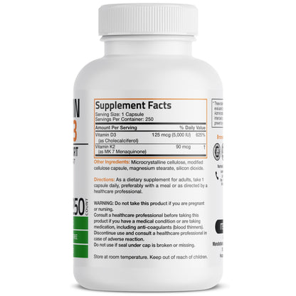 Bronson Vitamin K2 (MK7) with D3 – Non-GMO, 5000 IU D3, 90 mcg K2 MK-7, 250 Capsules
