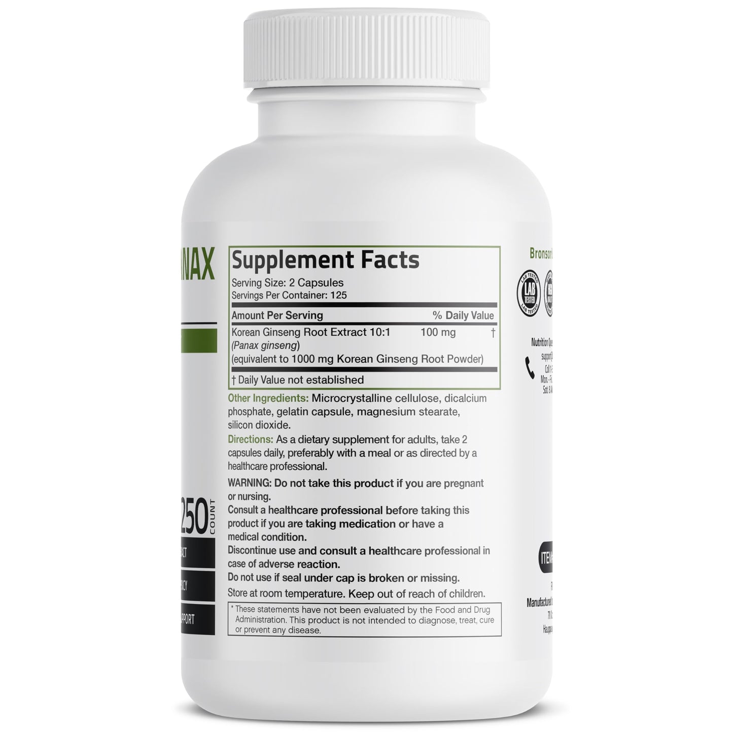 Bronson Korean Panax Ginseng 250 Capsules – Energy, Endurance & Memory