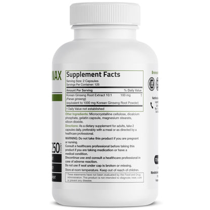 Bronson Korean Panax Ginseng 250 Capsules – Energy, Endurance & Memory