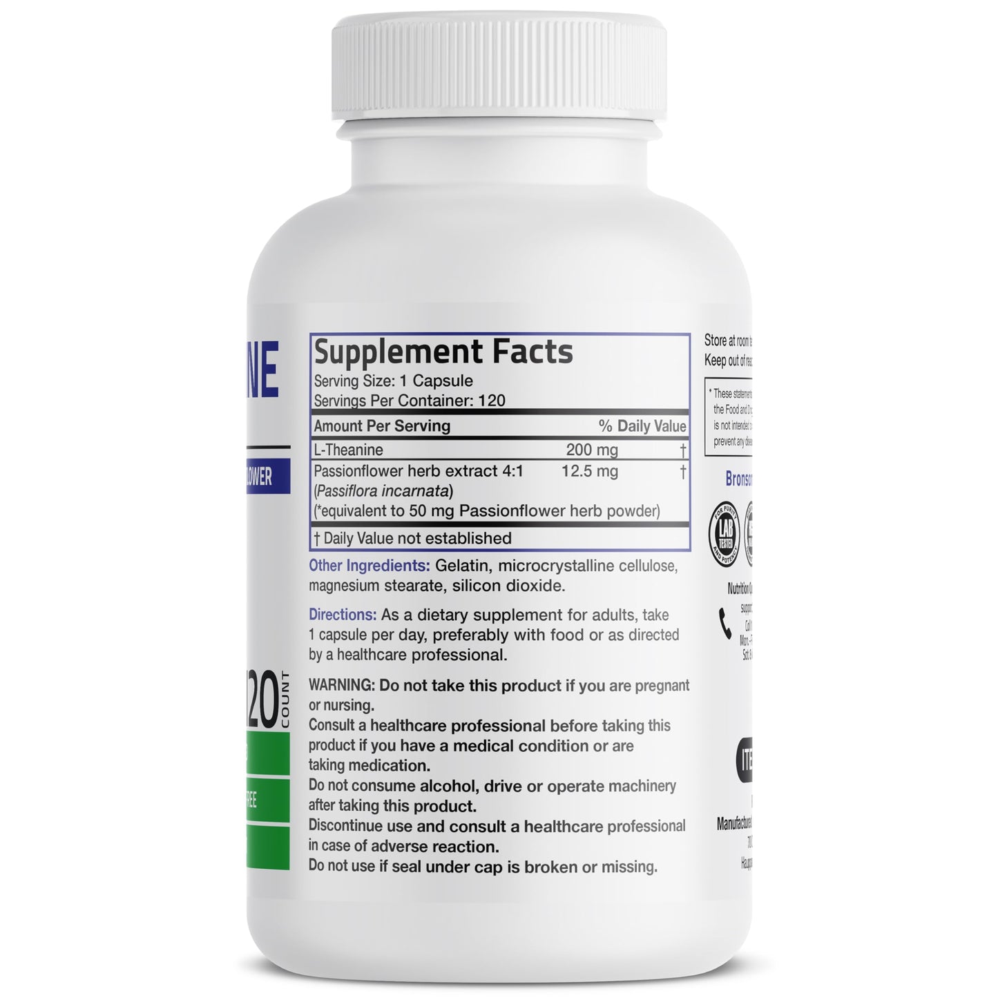 Bronson L-Theanine 200mg (Double-Strength) with Passion Flower - 120 Capsules | Stress & Focus Support