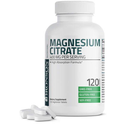 Bronson Magnesium Citrate 400mg | High Absorption, Non-GMO, 120 Vegetarian Tablets