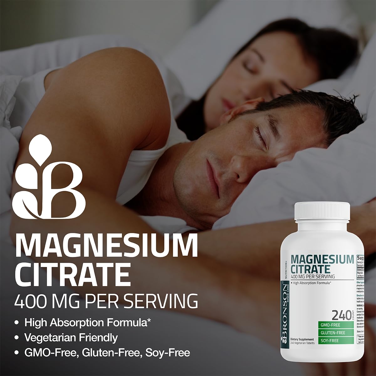 Bronson Magnesium Citrate 400mg | High Absorption, Non-GMO, 120 Vegetarian Tablets