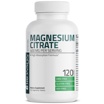 Bronson Magnesium Citrate 400mg | High Absorption, Non-GMO, 120 Vegetarian Tablets