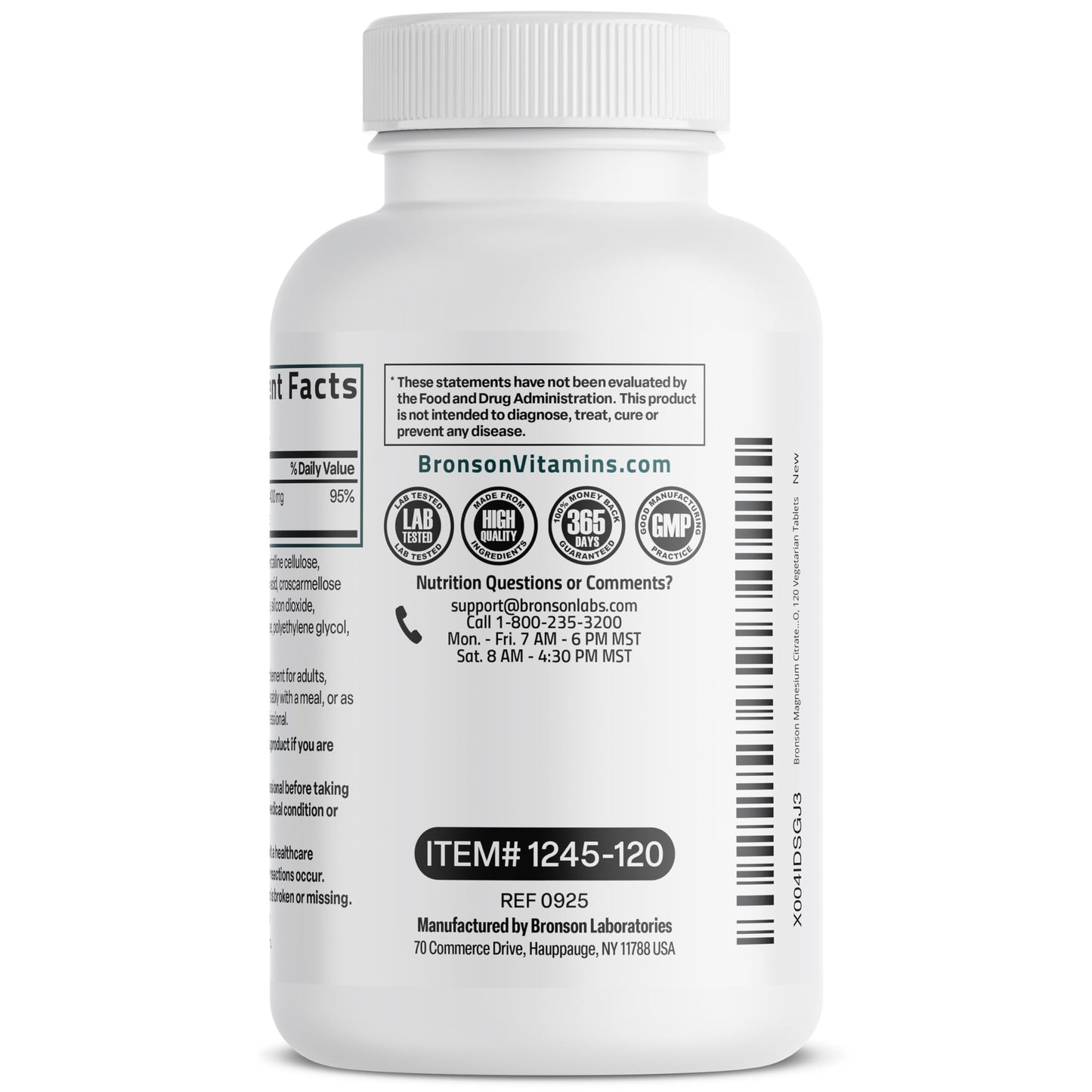 Bronson Magnesium Citrate 400mg | High Absorption, Non-GMO, 120 Vegetarian Tablets