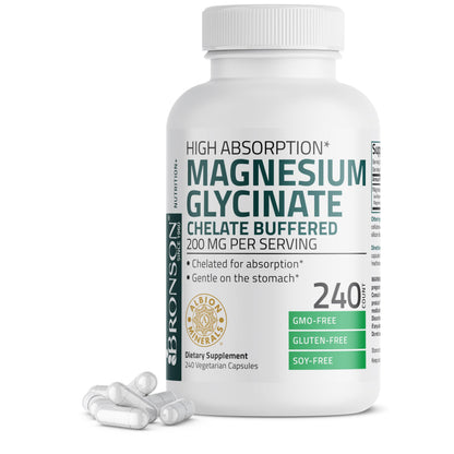 Bronson Magnesium Glycinate 200 mg – Chelated for High Absorption, Non-GMO, 240 Vegetarian Capsules