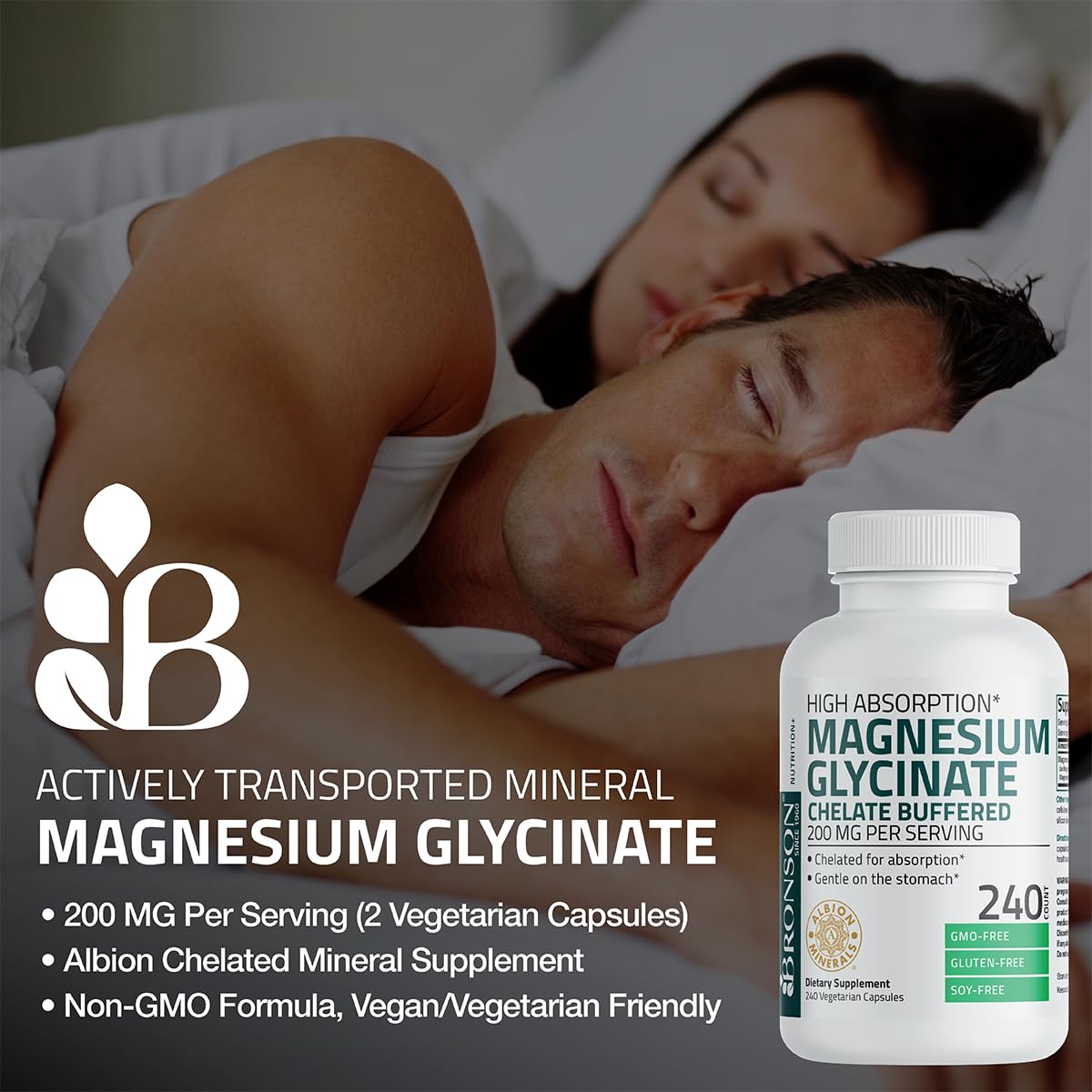 Bronson Magnesium Glycinate 200 mg – Chelated for High Absorption, Non-GMO, 240 Vegetarian Capsules