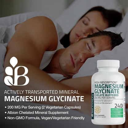 Bronson Magnesium Glycinate 200 mg – Chelated for High Absorption, Non-GMO, 240 Vegetarian Capsules
