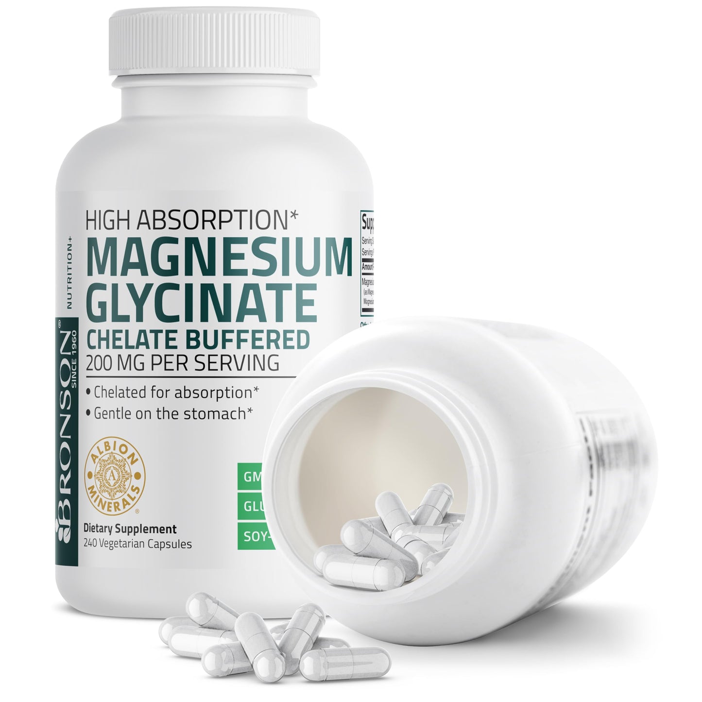Bronson Magnesium Glycinate 200 mg – Chelated for High Absorption, Non-GMO, 240 Vegetarian Capsules