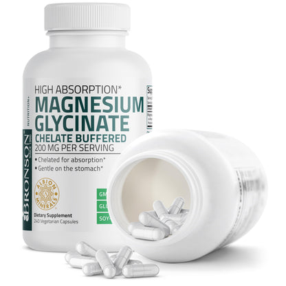 Bronson Magnesium Glycinate 200 mg – Chelated for High Absorption, Non-GMO, 240 Vegetarian Capsules