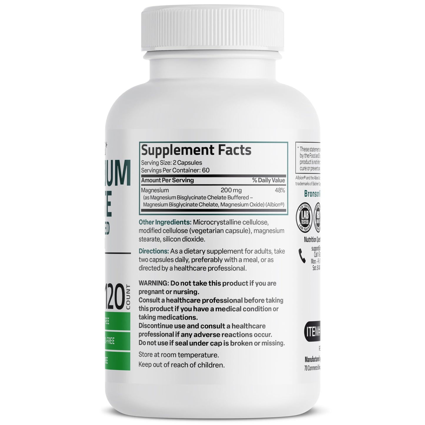 Bronson Magnesium Glycinate 200 mg – Chelated for High Absorption, Gentle on Stomach | Non-GMO, 120 Vegetarian Capsules