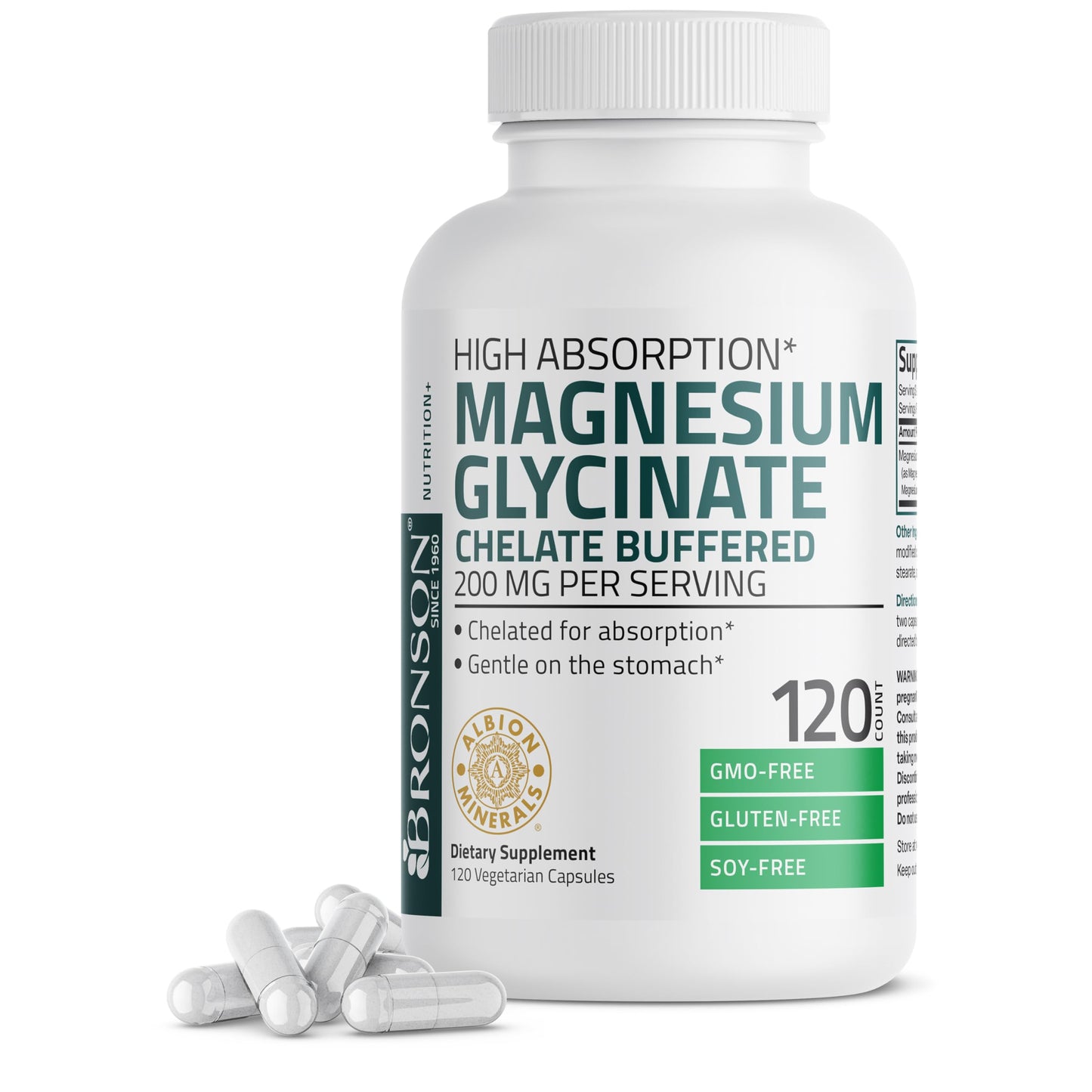 Bronson Magnesium Glycinate 200 mg – Chelated for High Absorption, Gentle on Stomach | Non-GMO, 120 Vegetarian Capsules