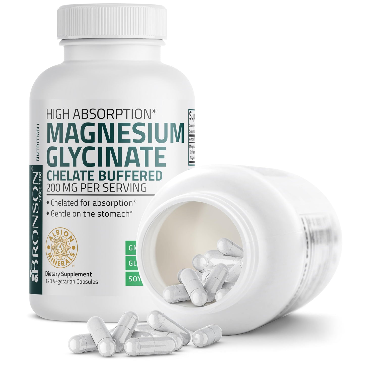 Bronson Magnesium Glycinate 200 mg – Chelated for High Absorption, Gentle on Stomach | Non-GMO, 120 Vegetarian Capsules