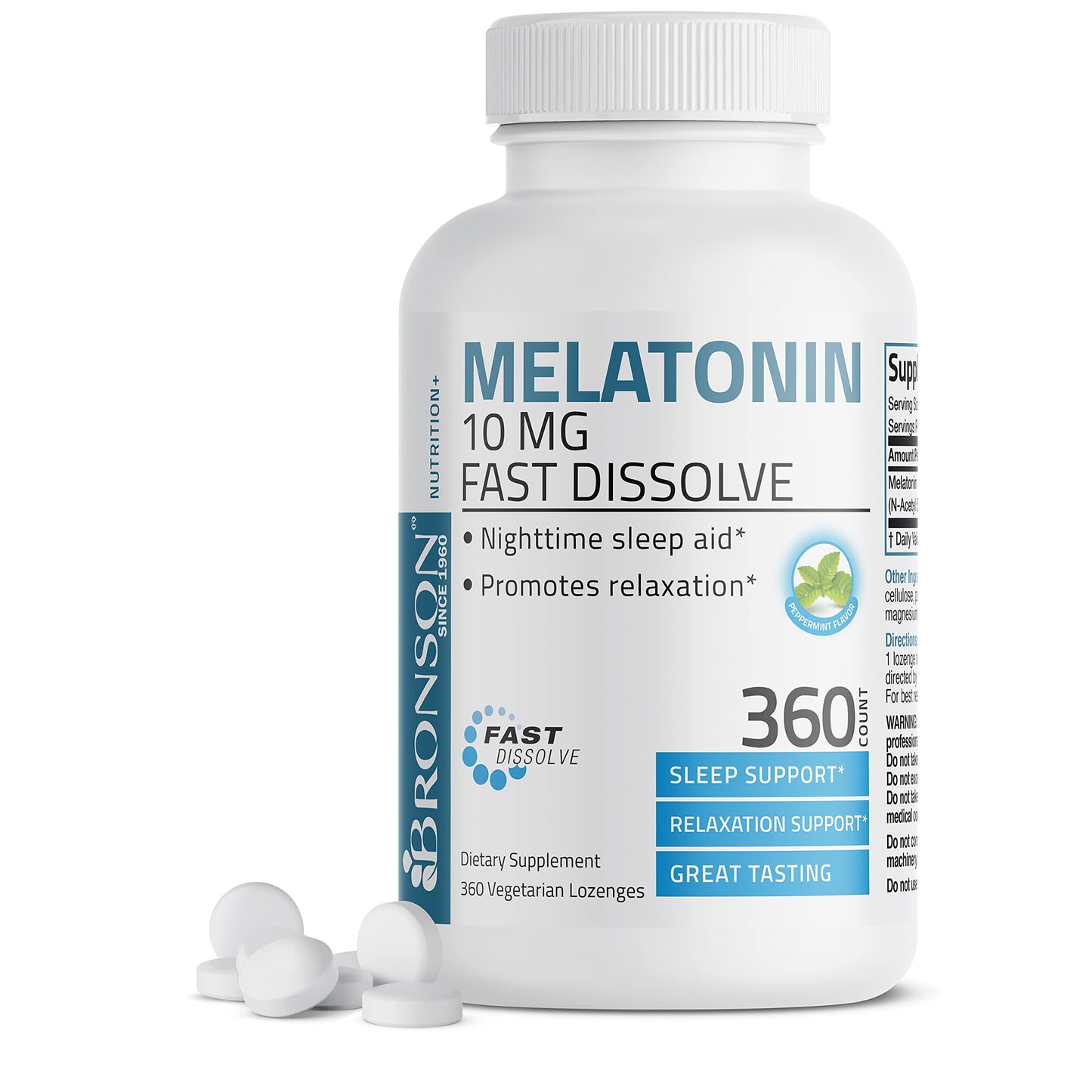 Bronson Melatonin 10 mg Fast Dissolve Peppermint Tablets – 360 Chewable Vegetarian Lozenges