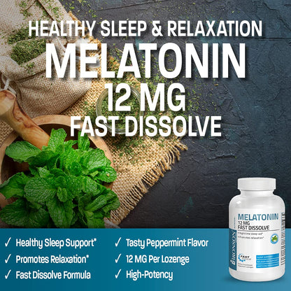 Bronson Melatonin 12mg Fast Dissolve – Nighttime Sleep Aid (180 Peppermint Lozenges)