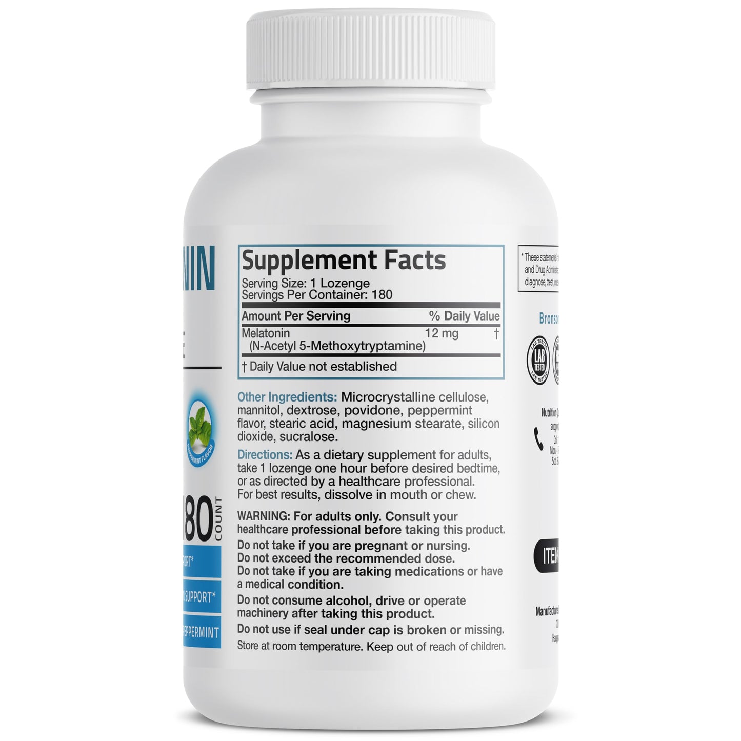 Bronson Melatonin 12mg Fast Dissolve – Nighttime Sleep Aid (180 Peppermint Lozenges)