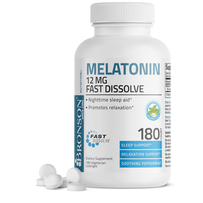 Bronson Melatonin 12mg Fast Dissolve – Nighttime Sleep Aid (180 Peppermint Lozenges)