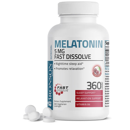 Bronson Melatonin 5mg Fast Dissolve Cherry – 360 Vegetarian Lozenges with Vitamin B6 | Nighttime Sleep Aid