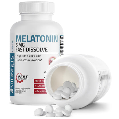 Bronson Melatonin 5mg Fast Dissolve Cherry – 360 Vegetarian Lozenges with Vitamin B6 | Nighttime Sleep Aid
