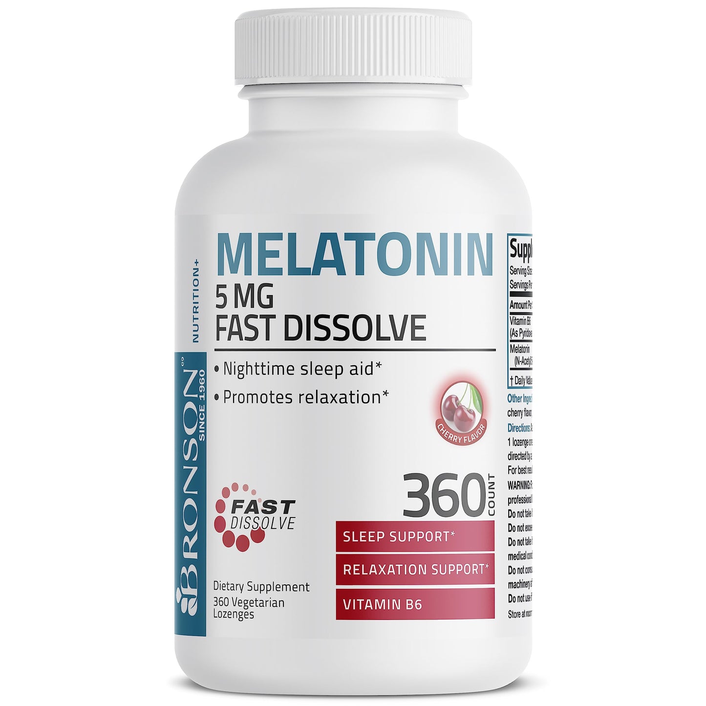 Bronson Melatonin 5mg Fast Dissolve Cherry – 360 Vegetarian Lozenges with Vitamin B6 | Nighttime Sleep Aid