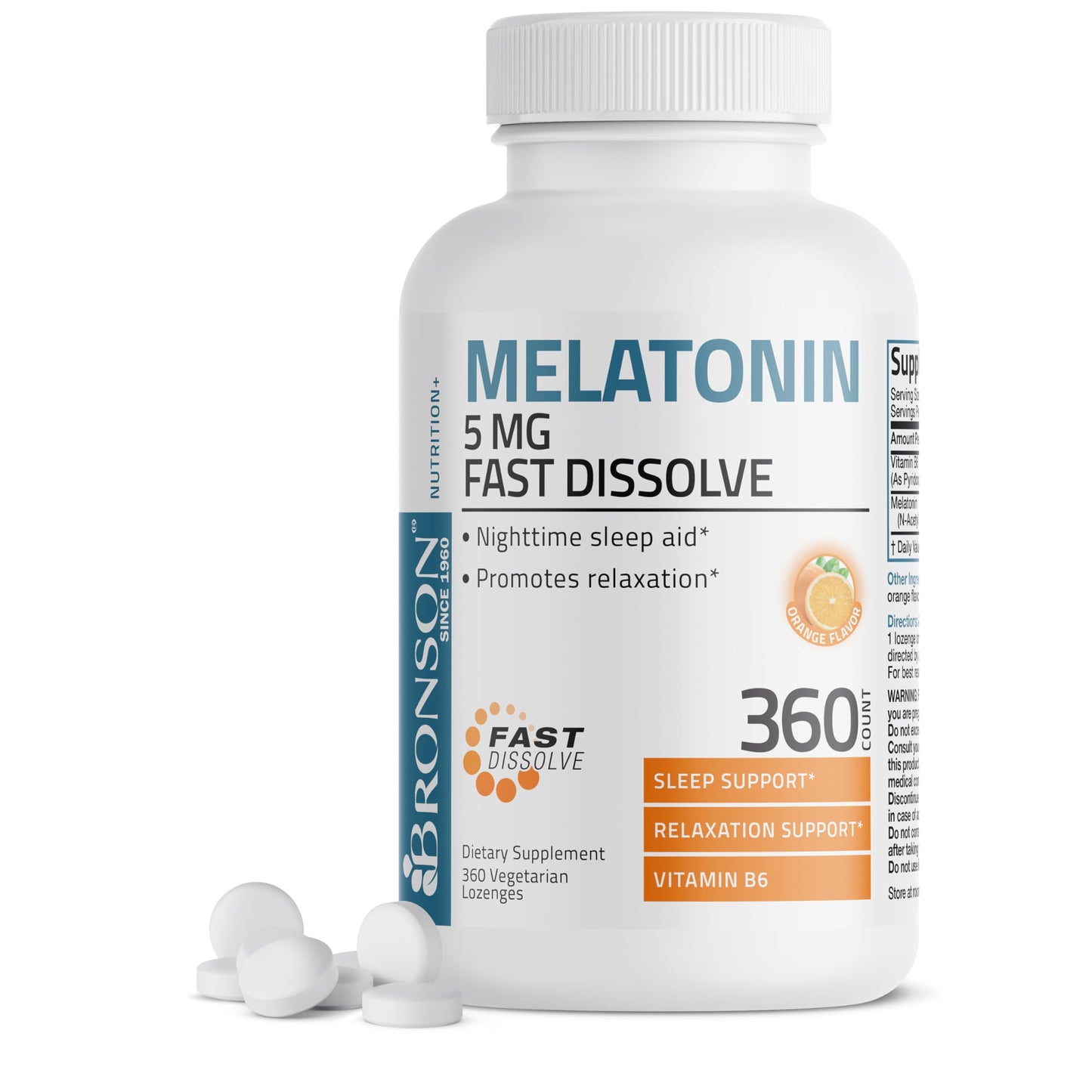 Bronson Melatonin 5mg Fast Dissolve Orange Lozenges with Vitamin B6 - 360 Vegetarian Chewables