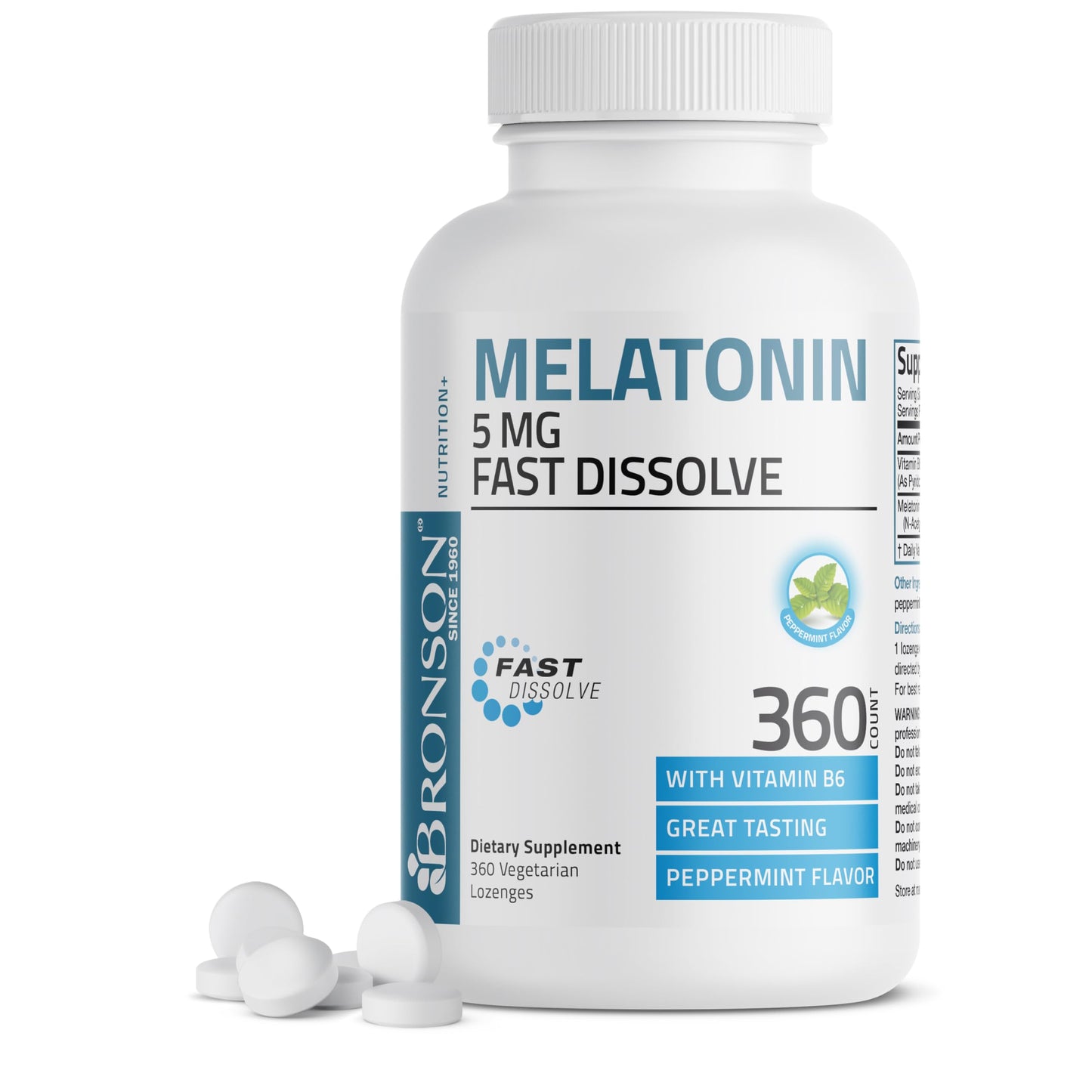 Bronson Melatonin 5mg Peppermint Lozenges with Vitamin B6 – 360 Vegetarian Lozenges