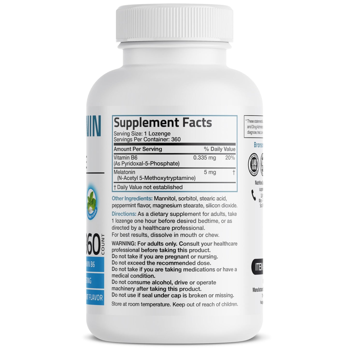 Bronson Melatonin 5mg Peppermint Lozenges with Vitamin B6 – 360 Vegetarian Lozenges