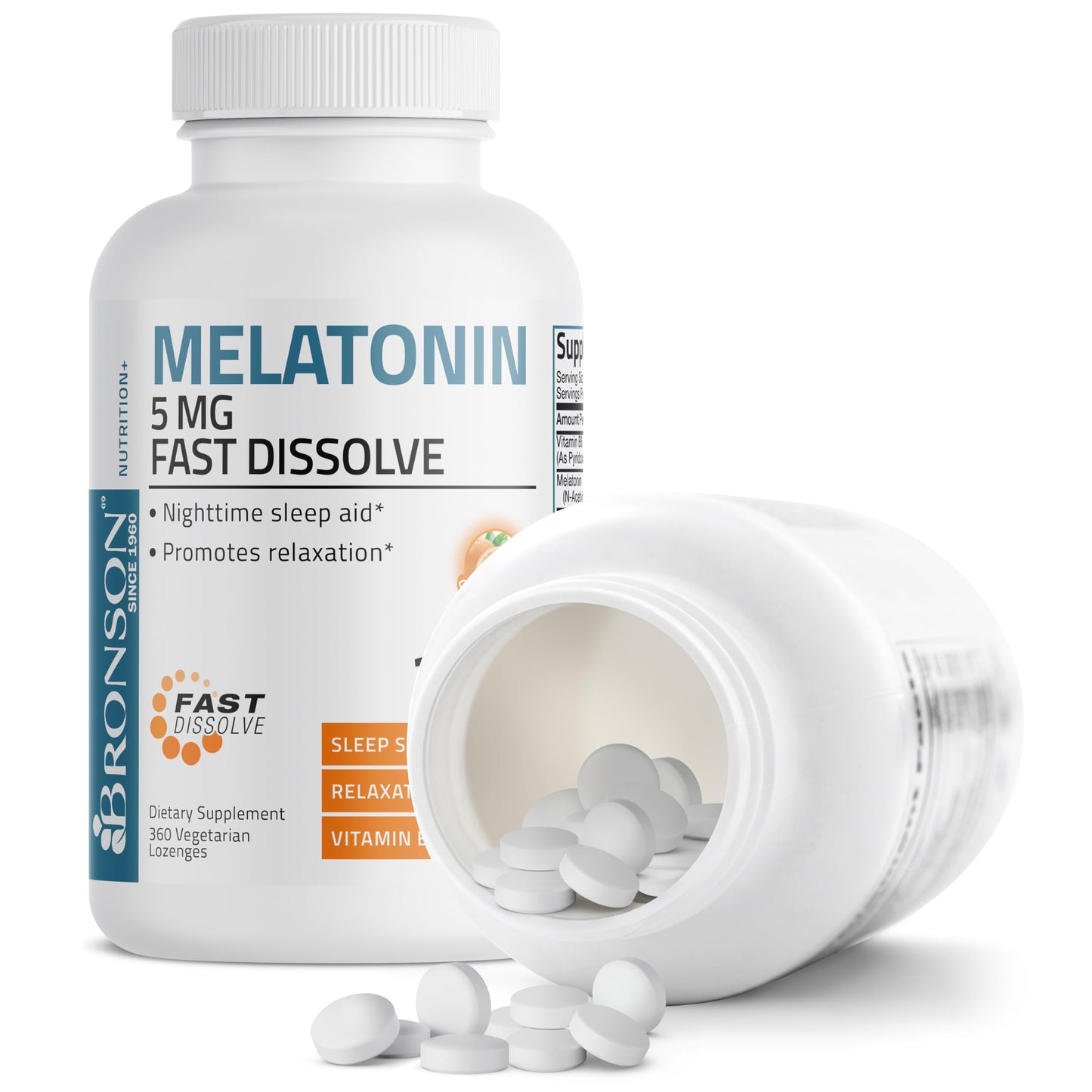 Bronson Melatonin 5mg Fast Dissolve Orange Lozenges with Vitamin B6 - 360 Vegetarian Chewables