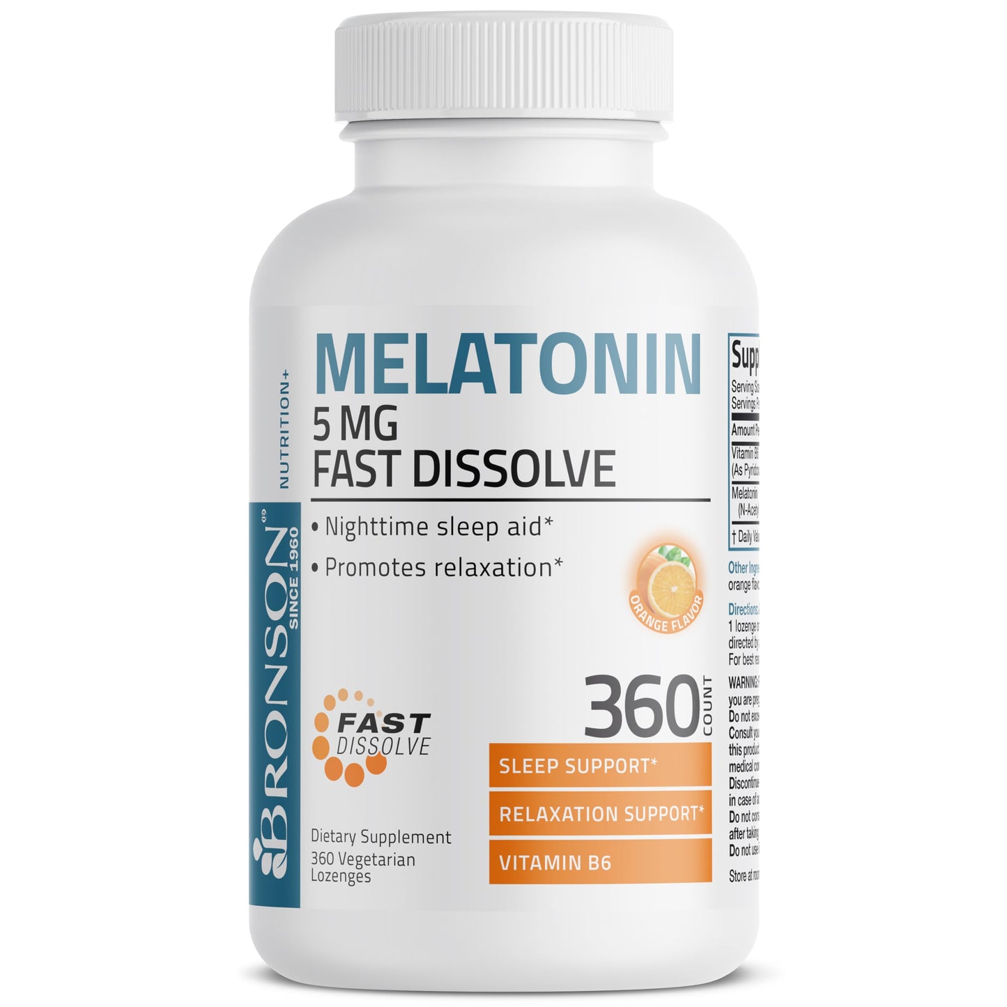 Bronson Melatonin 5mg Fast Dissolve Orange Lozenges with Vitamin B6 - 360 Vegetarian Chewables