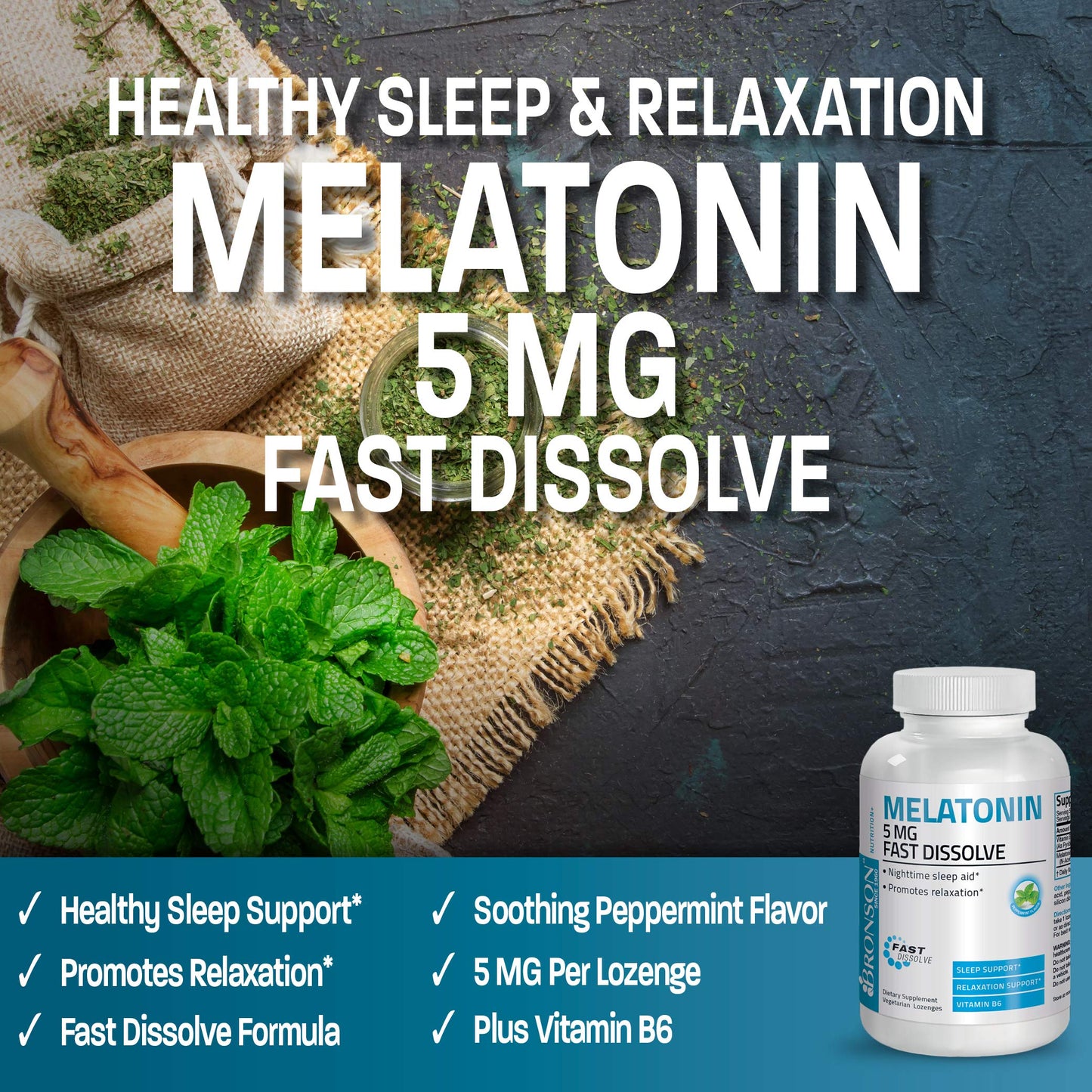 Bronson Melatonin 5mg Peppermint Lozenges with Vitamin B6 – 360 Vegetarian Lozenges