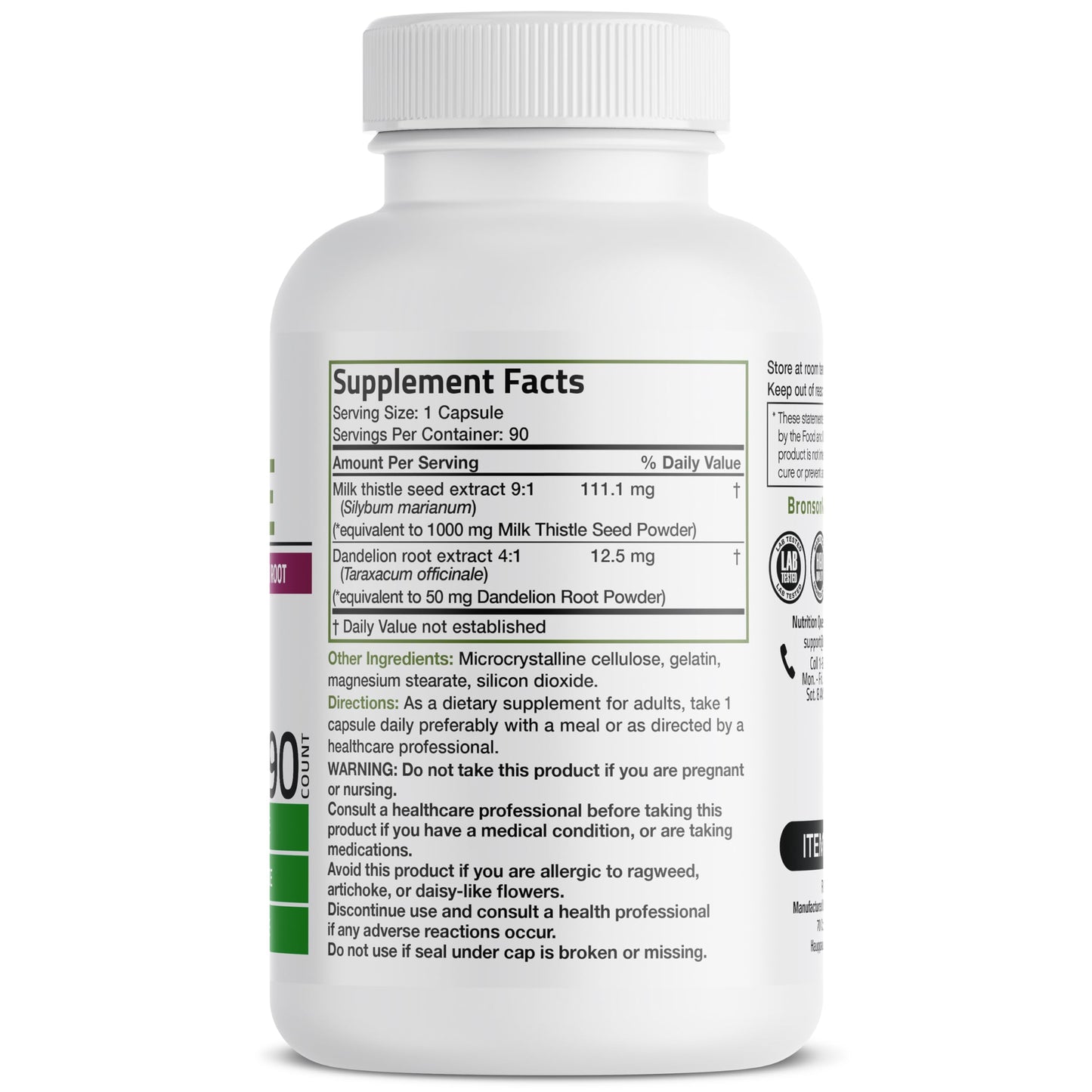 Bronson Milk Thistle Silymarin Marianum & Dandelion Root – Liver Health, Antioxidant Support, 90 Capsules