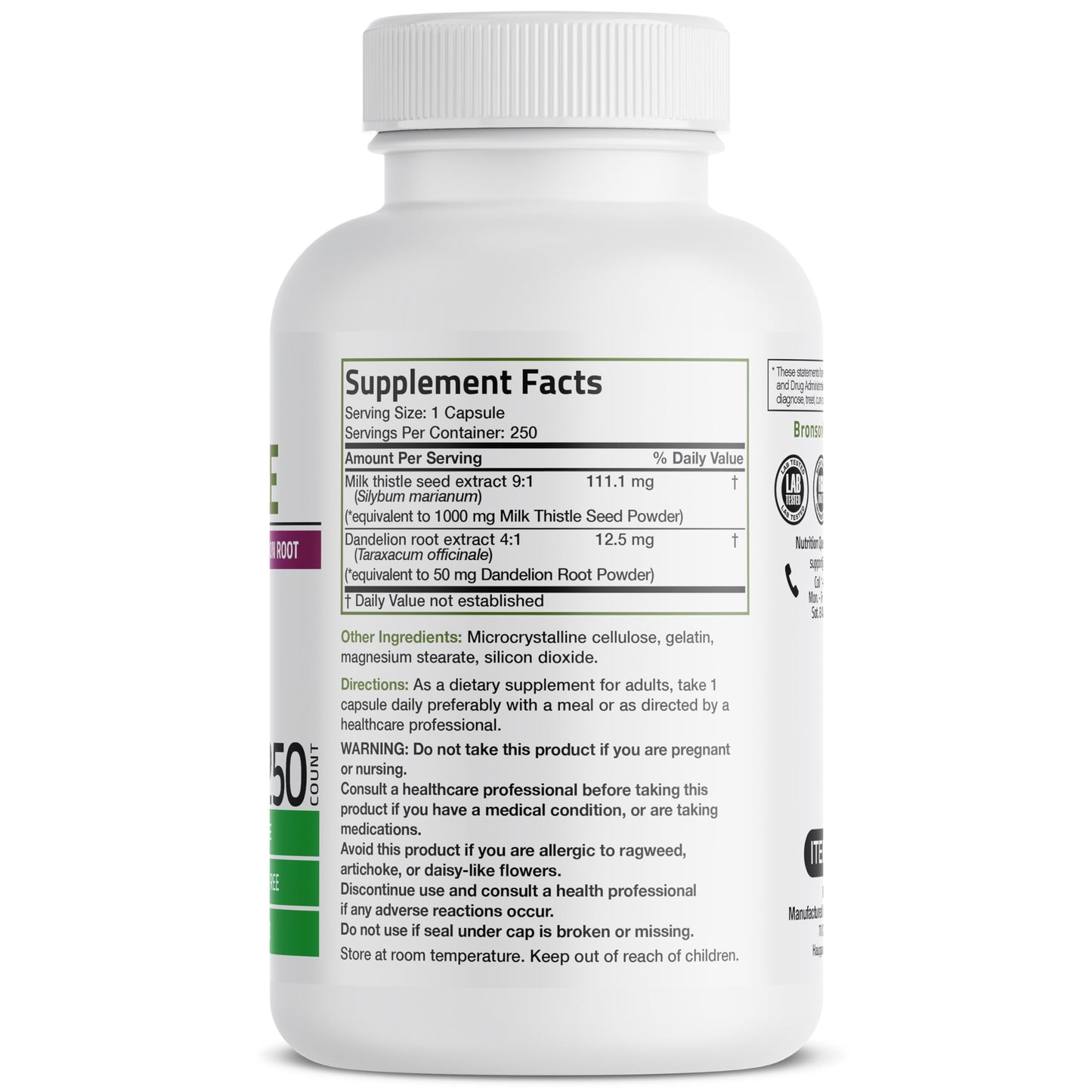Bronson Milk Thistle Silymarin Marianum & Dandelion Root – Liver Health Support, 250 Capsules