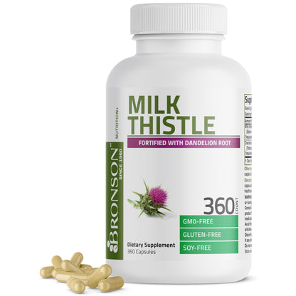 Bronson Milk Thistle Silymarin Marianum & Dandelion Root – Liver Health, Antioxidant Support, Detox | 360 Capsules