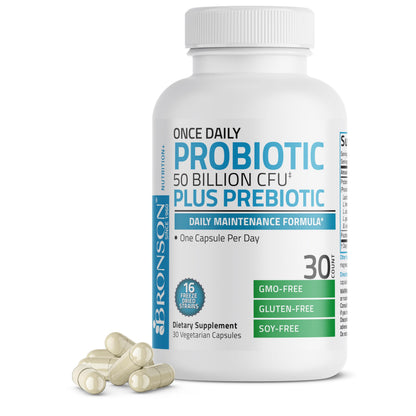 Bronson Once Daily Probiotic 50B CFU + Prebiotic, 30 Vegetarian Capsules – Non-GMO